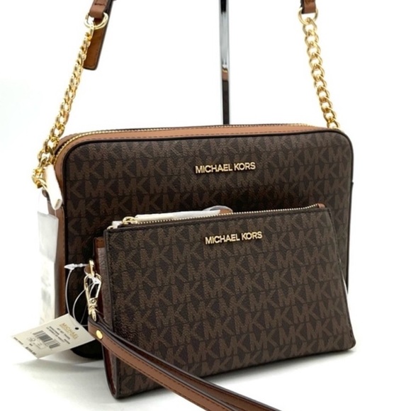 Michael Kors Large EW Crossbody Bag & Large Double Zip Wallet Brown/Gold (NWT) - Picture 1 of 13